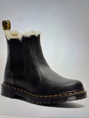 Dr. Martens Black Leather Chelsea Boots with Faux Lined Fur Trim - Size 8